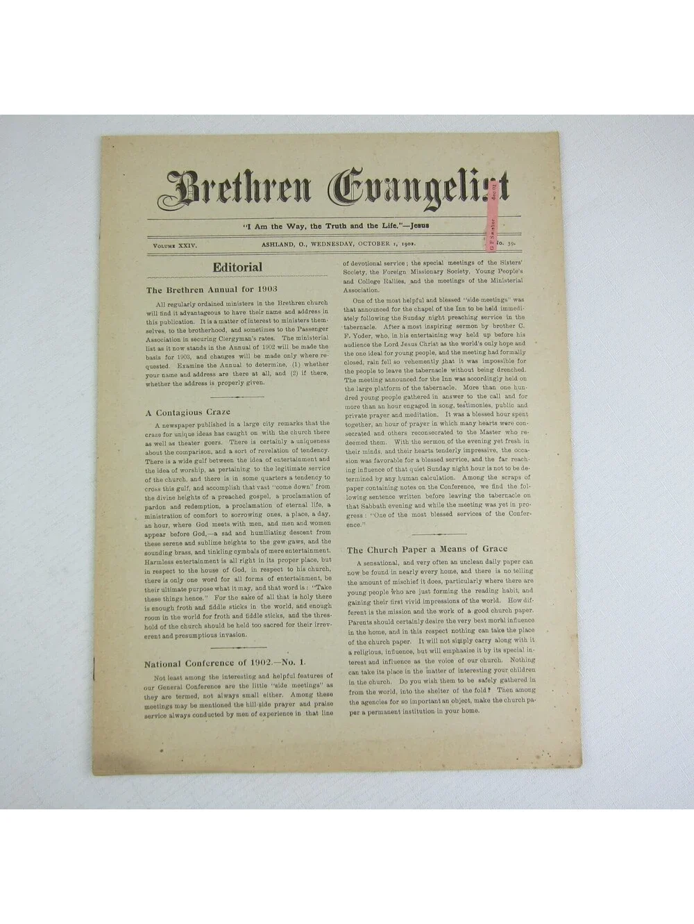 Brethren Evangelist Christian Newspaper Ashland Ohio Antique October 1st 1902